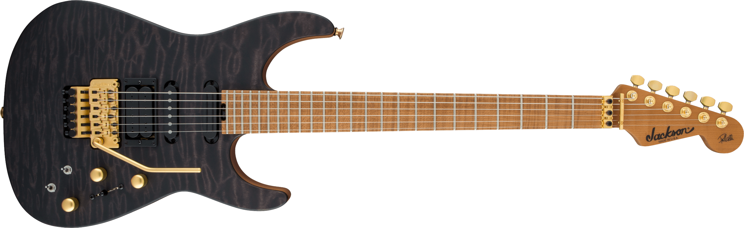 JACKSON USA Signature Phil Collen PC1 Satin Stain, Caramelized Flame Maple Fingerboard, Satin Transparent Black - 2803152876